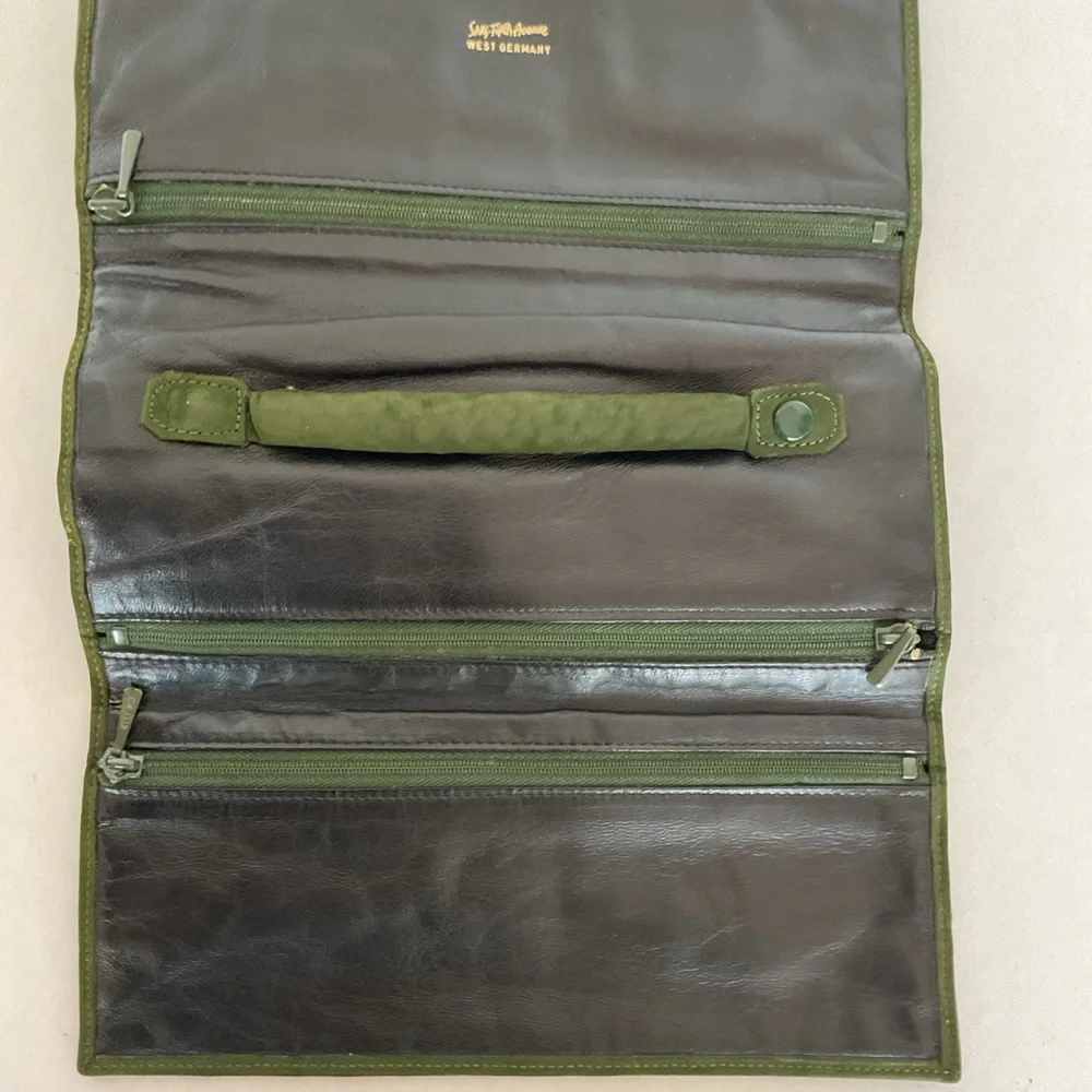 Saks Fifth Avenue vintage green suede leather jewelry roll.